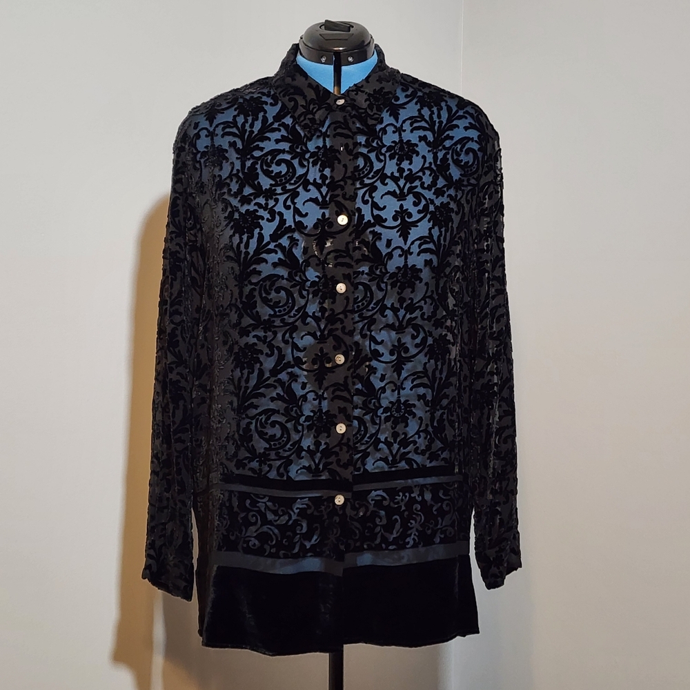 Velvet/Sheer Front Button-up Long Sleeve Top